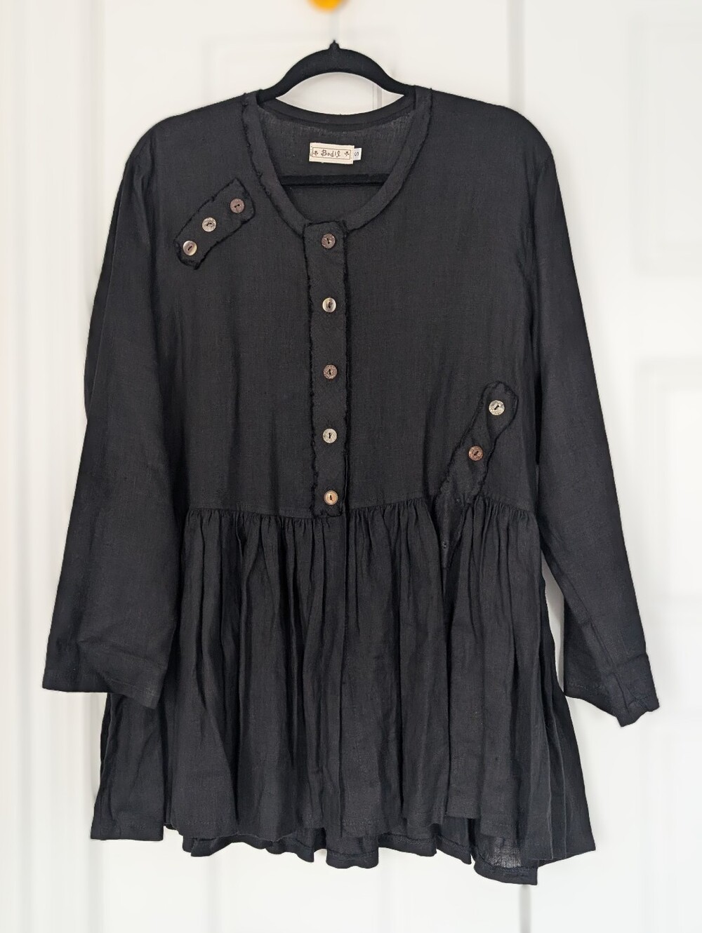Bedil Black Button-Front Lightweight 100%  Linen Peplum Tunic Top/ Jacket